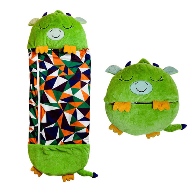 Green dragon character snuggle sleeping bag for kids.