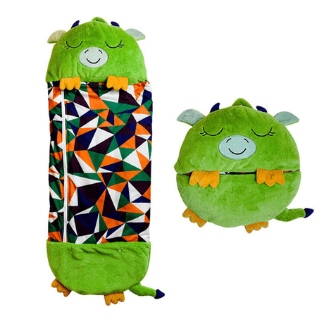 Green dragon character snuggle sleeping bag for kids.