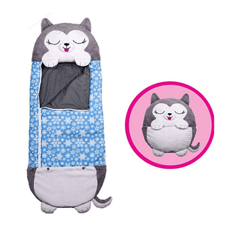 Husky dog character plush snuggle sleeping bag for children.
