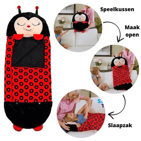 Ladybug snuggle sleeping bag laid flat showing full plush design.
