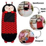 Ladybug snuggle sleeping bag laid flat showing full plush design.