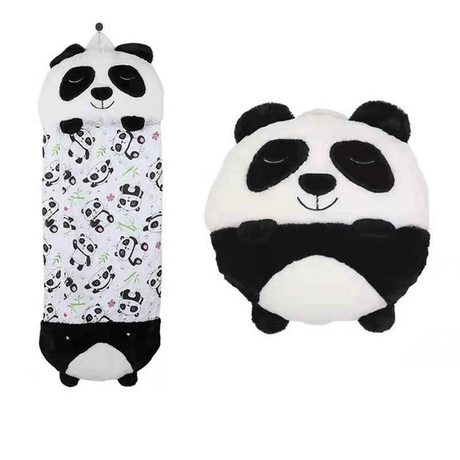 Panda character plush snuggle sleeping bag for kids.