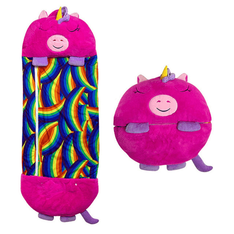 Pink unicorn themed plush snuggle sleeping bag design.