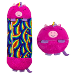Pink unicorn themed plush snuggle sleeping bag design.