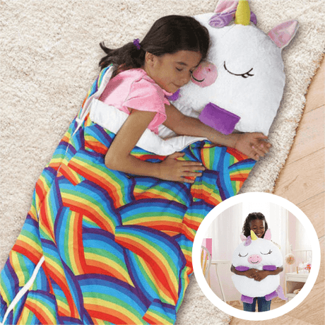 Cozy plush snuggle sleeping bag in rainbow design worn by child.
