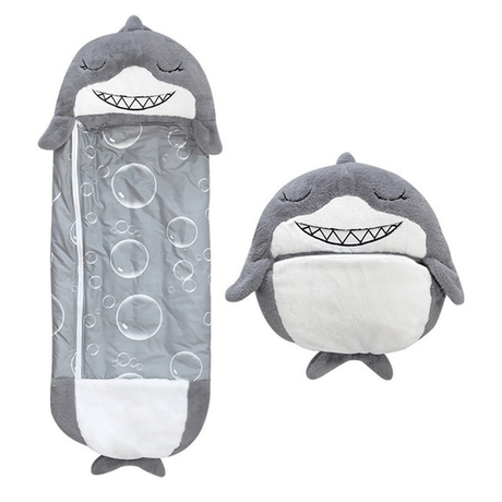 Shark themed kids snuggle sleeping bag plush buddy.