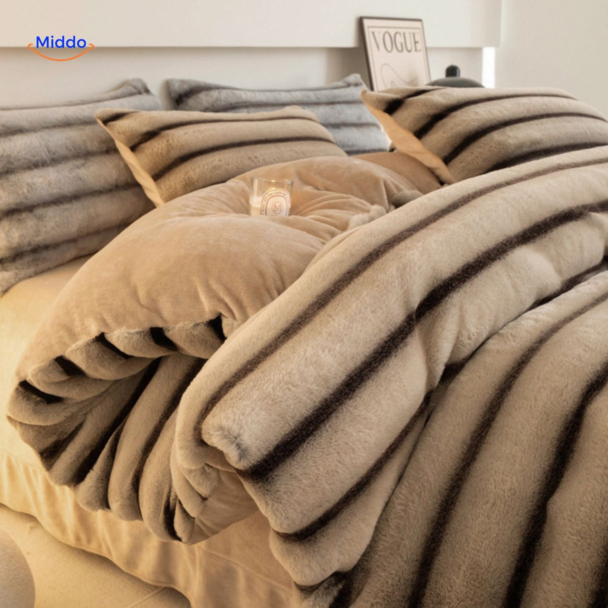 Beige striped plush rabbit fur duvet cover set.