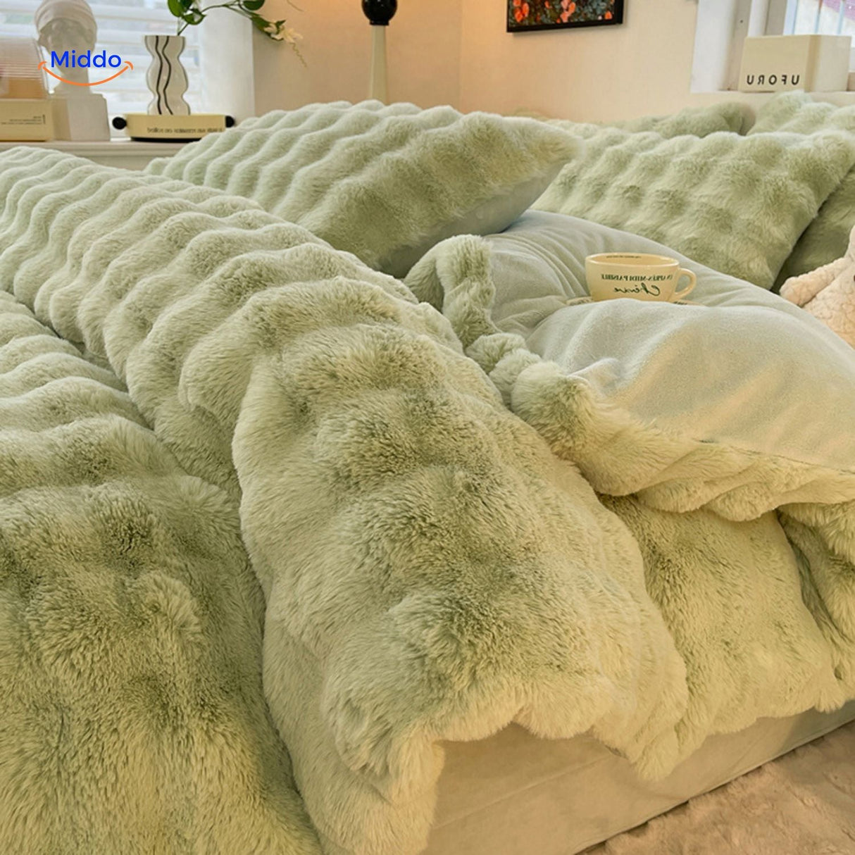 Blue plush rabbit fur bedding and duvet cover set.