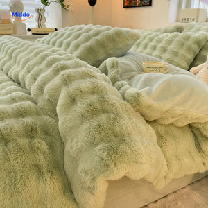 Blue plush rabbit fur bedding and duvet cover set.