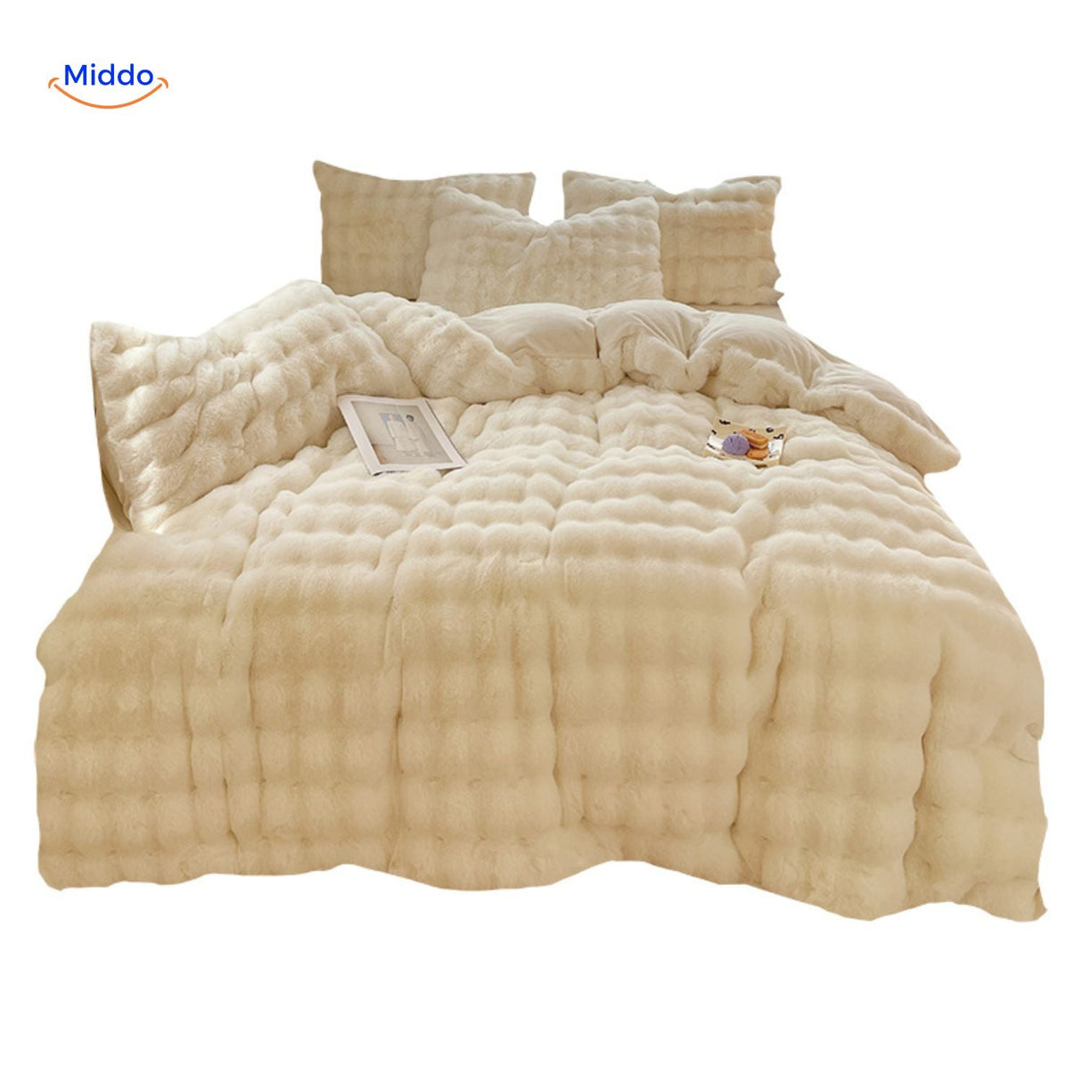 White plush rabbit fur duvet cover set on bed with flowing fabric.