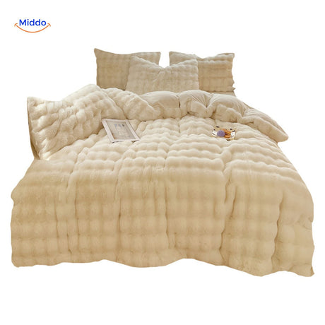 White plush rabbit fur duvet cover set on bed with flowing fabric.