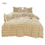 White plush rabbit fur duvet cover set on bed with flowing fabric.