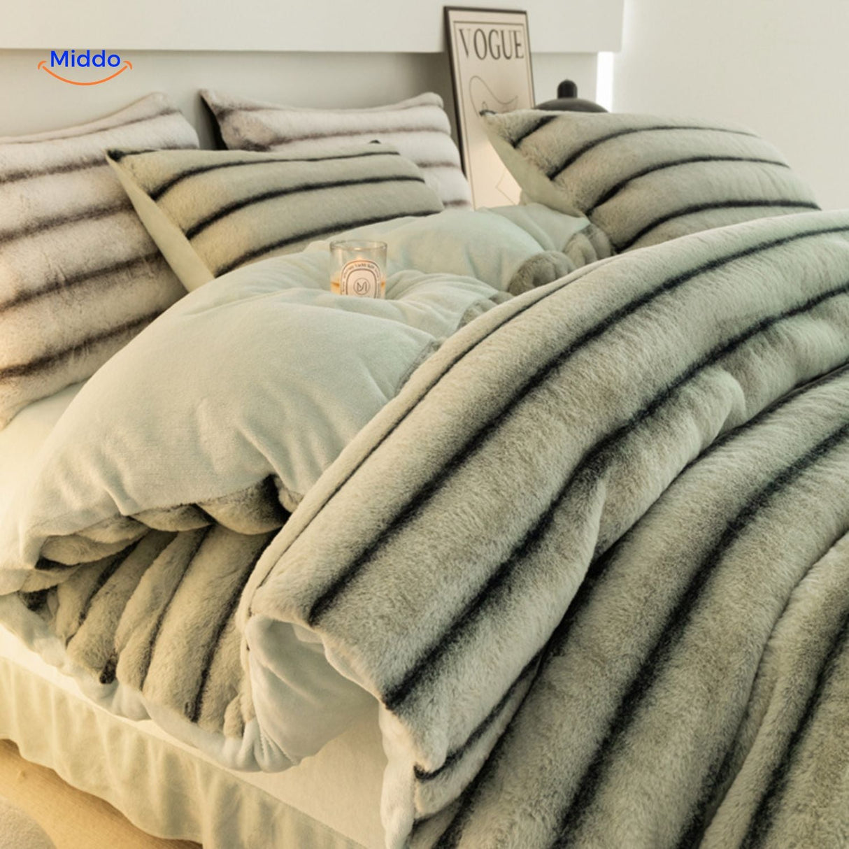 Forest green striped plush rabbit fur duvet set.