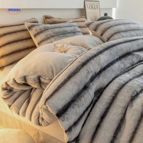 Gray luxury plush rabbit fur duvet cover four-piece set.