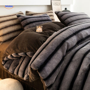 Gray striped plush rabbit fur duvet cover set.