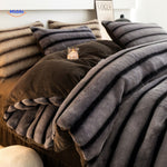 Gray striped plush rabbit fur duvet cover set.