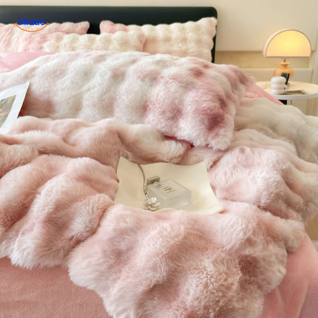 Pink plush duvet cover with stylish bedroom accessories.
