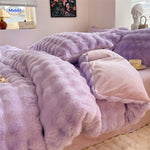 Purple plush rabbit fur duvet cover set with pillows.