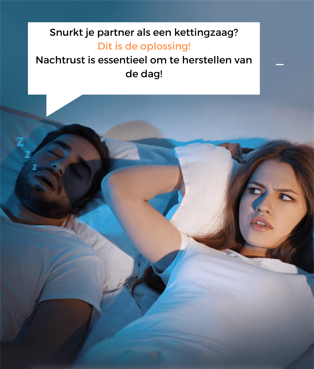 Couple sleeping peacefully together with SnurkStopper PRO anti-snore technology.
