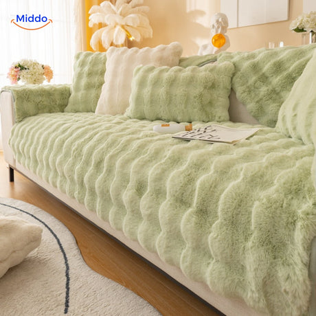 Light green plush sofa cover with cushions adds fresh, nature-inspired home comfort.