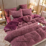 Dark pink teddy fleece bedding set with luxurious feel and complete accessory set