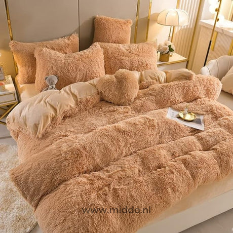 Orange-brown teddy fleece bedding set with complete 5-piece collection included