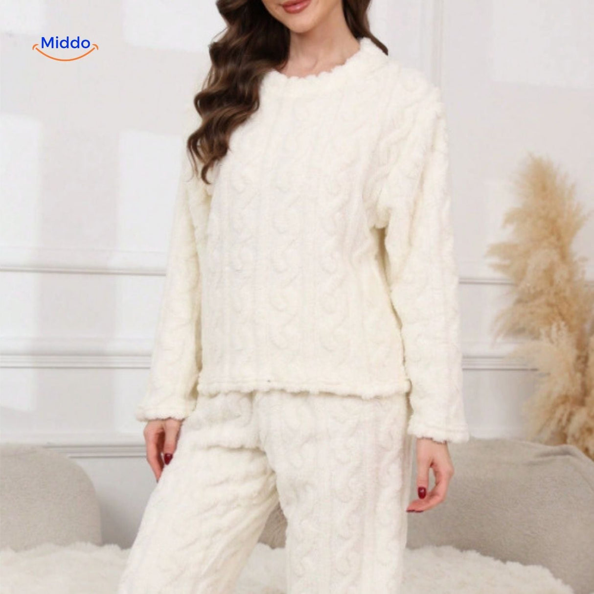White soft fleece pajama set perfect for warm, cozy loungewear.