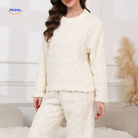 White soft fleece pajama set perfect for warm, cozy loungewear.