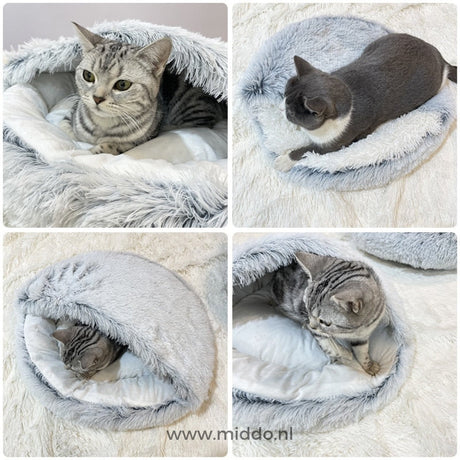 Cozy SoftSnuggle pet bed with dogs and cats in a comfortable home setting.