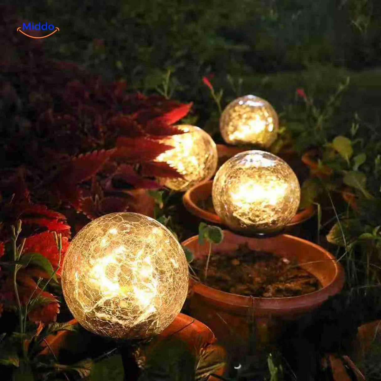 Solar ambient lamp in flower pot creating patio and garden glow.