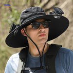 Black solar fan hat with UV protection and wide-brim shade design.