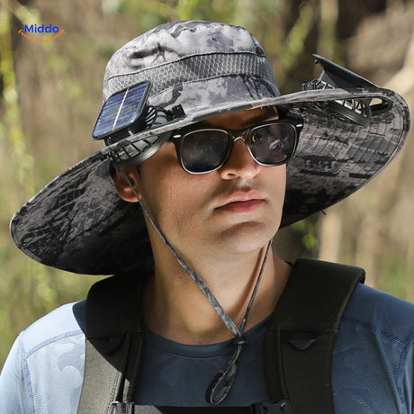 Charcoal solar fan hat combining UV protection with eco-friendly cooling.
