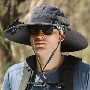 Dark gray solar fan hat with wide brim and built-in cooling fan.
