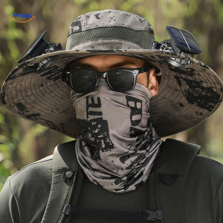 Khaki solar fan hat with wide brim and cooling technology.