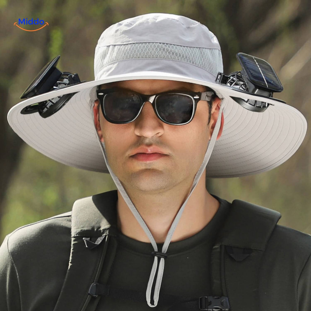Light gray solar fan hat for outdoor cooling with UV protection.