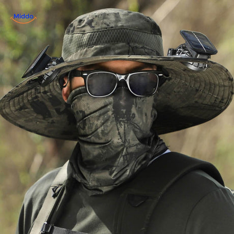 Military green solar fan hat with UV protection for outdoor adventures.