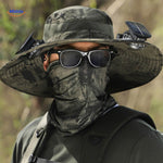 Military green solar fan hat with UV protection for outdoor adventures.
