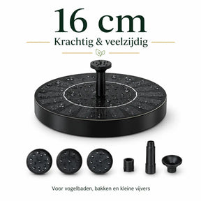16cm solar fountain designed as bird bath or decorative pond feature.