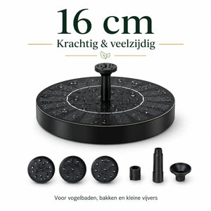 16cm solar fountain designed as bird bath or decorative pond feature.