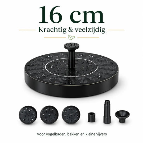 16cm solar fountain designed as bird bath or decorative pond feature.