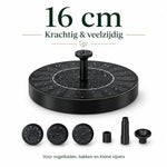 16cm solar fountain designed as bird bath or decorative pond feature.