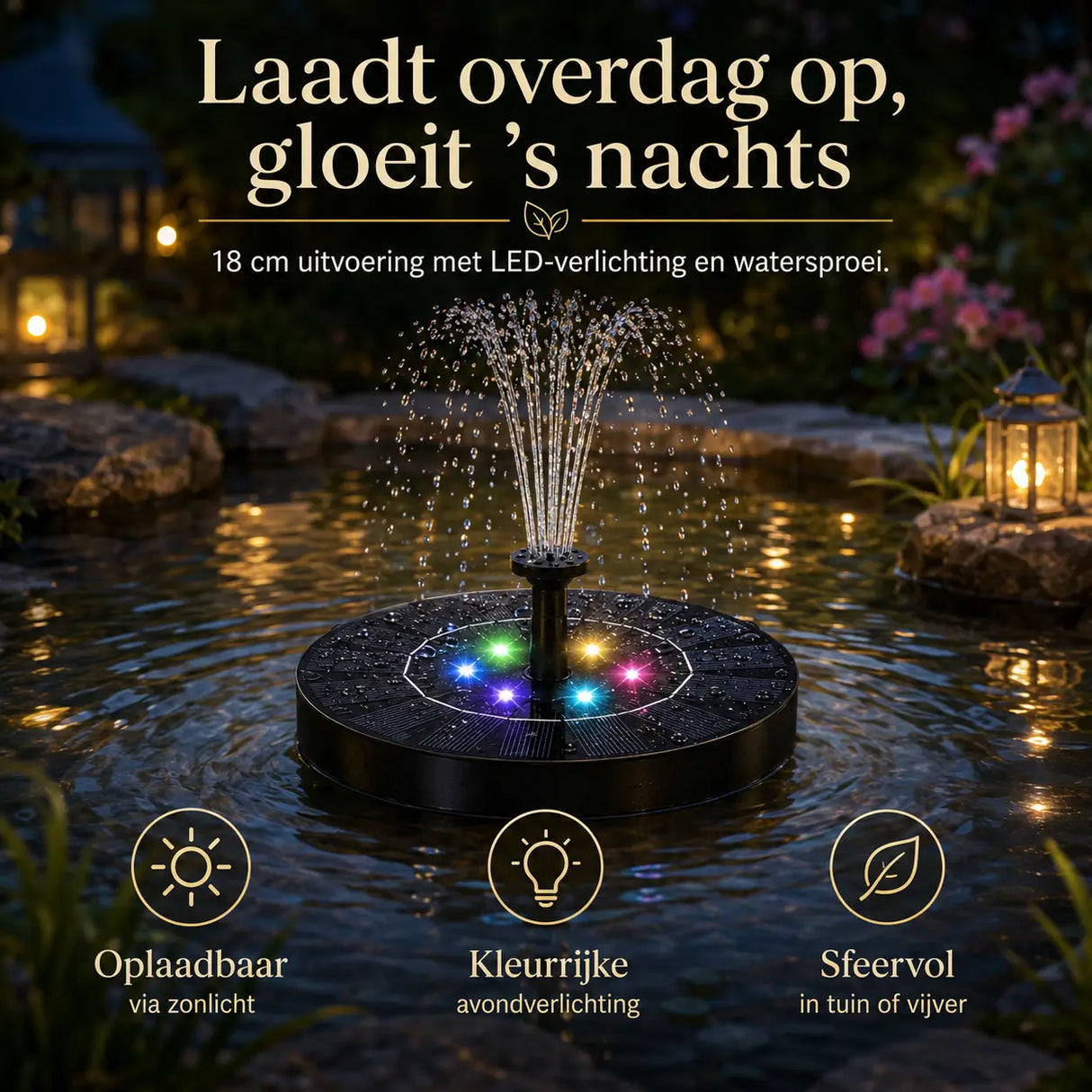18cm solar fountain with LED lights and rechargeable solar panel.