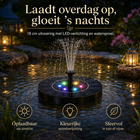 18cm solar fountain with LED lights and rechargeable solar panel.