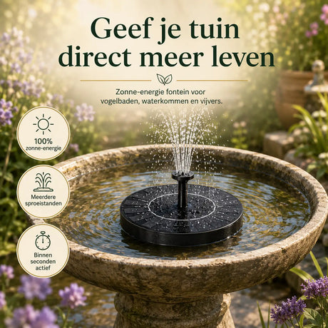 Solar fountain bird bath in garden setting with eco-friendly solar power.
