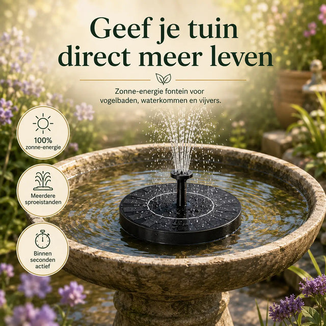 Solar fountain bird bath in garden setting with eco-friendly solar power.