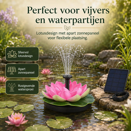 Lotus solar fountain with detachable solar panel for flexible placement.