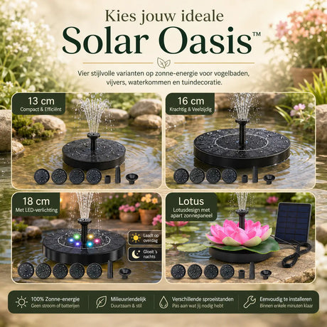 Solar fountain size options: 13cm, 16cm, 18cm lotus-style bird baths.