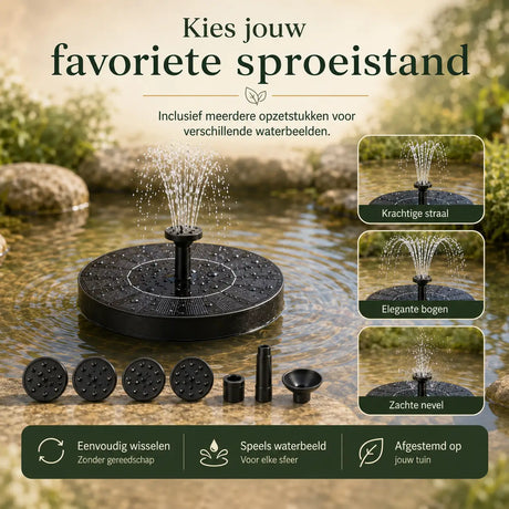 Interchangeable spray nozzle attachments for solar fountain customization.