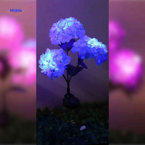 Blue hydrangea solar lantern featuring three flower branches with LED light.