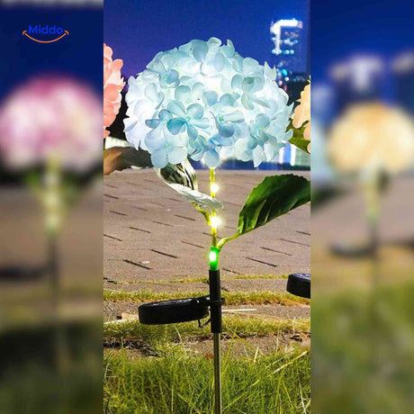 Blue hydrangea solar lantern light casting warm glow for garden ambiance.